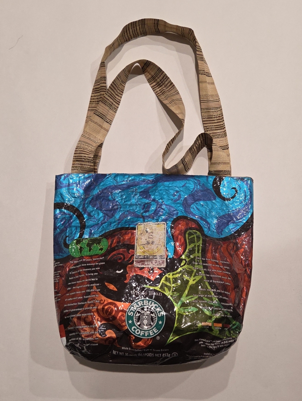 Starbucks Colorful Recycled Tote Bag, Cloth Lined, Blue, Red, Green, 10" X 10"